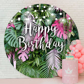 Aperturee - Pink Green Tropical Leaf Happy Birthday Backdrop
